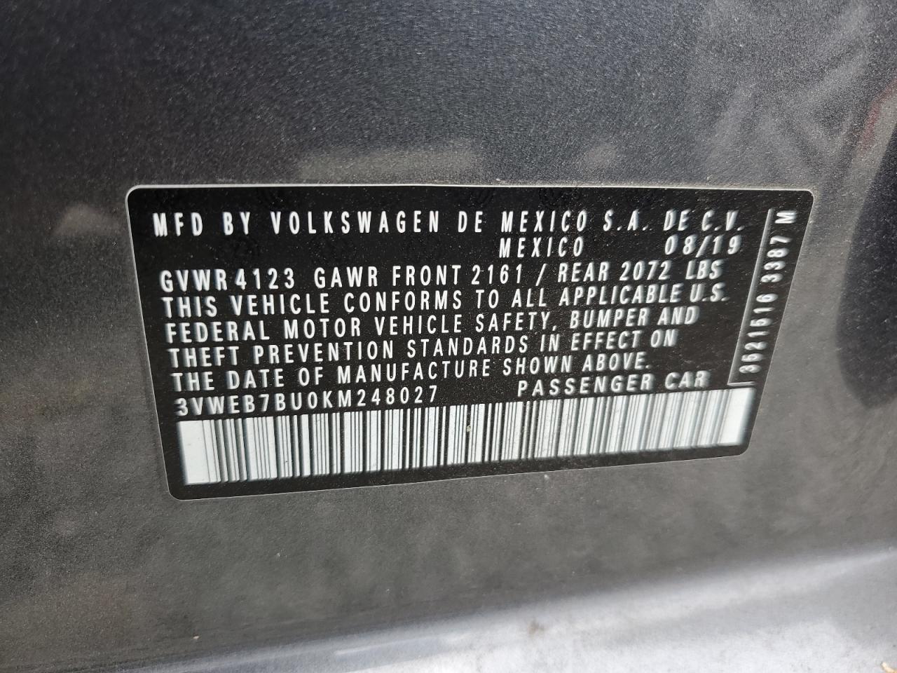 2019 Volkswagen Jetta VIN 3VWEB7BU0KM248027 Copart auction photo, top/roof damage thumbnail 12