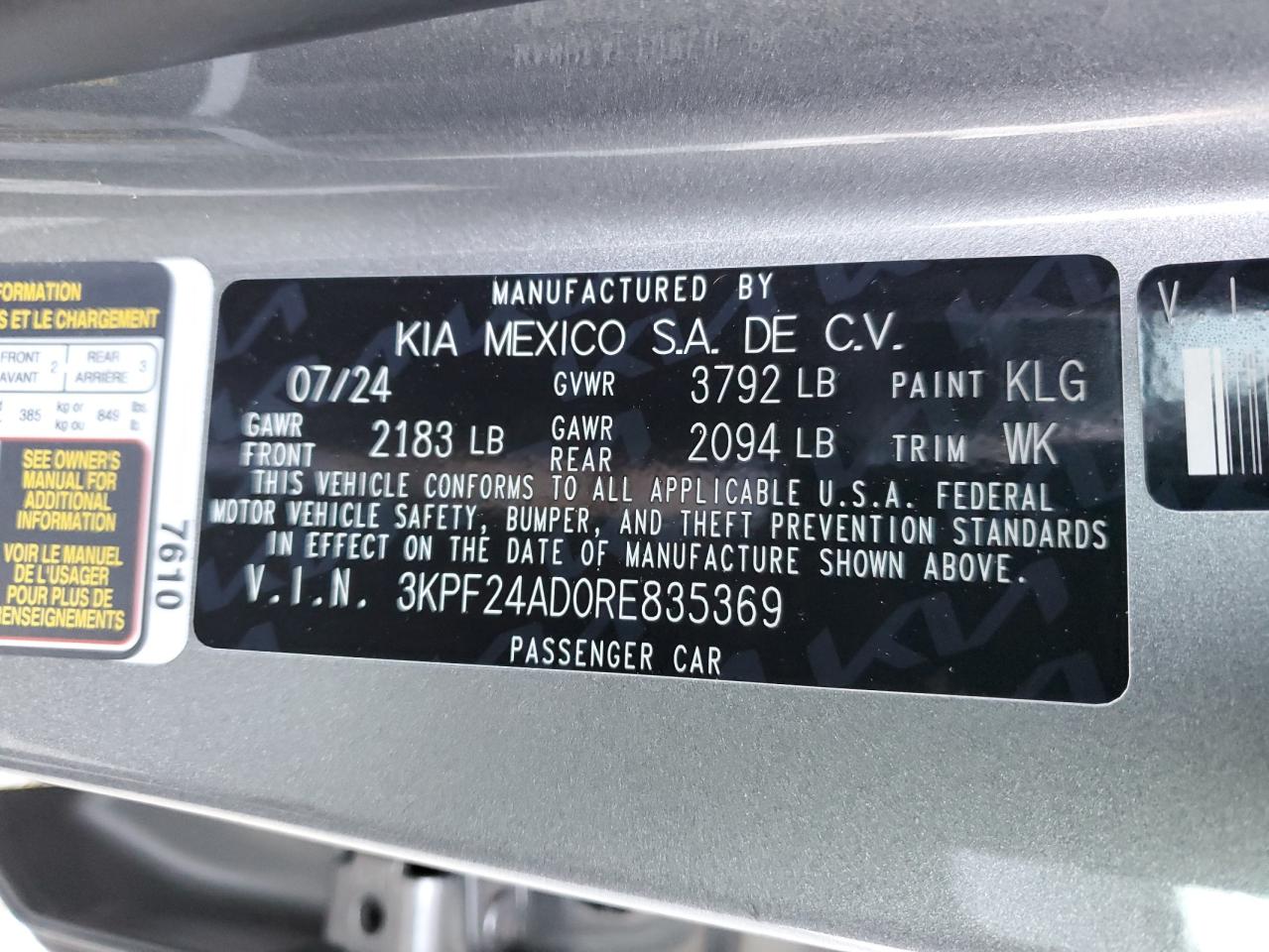 2024 KIA Forte VIN 3KPF24AD0RE835369 Copart auction photo, all over damage thumbnail 14