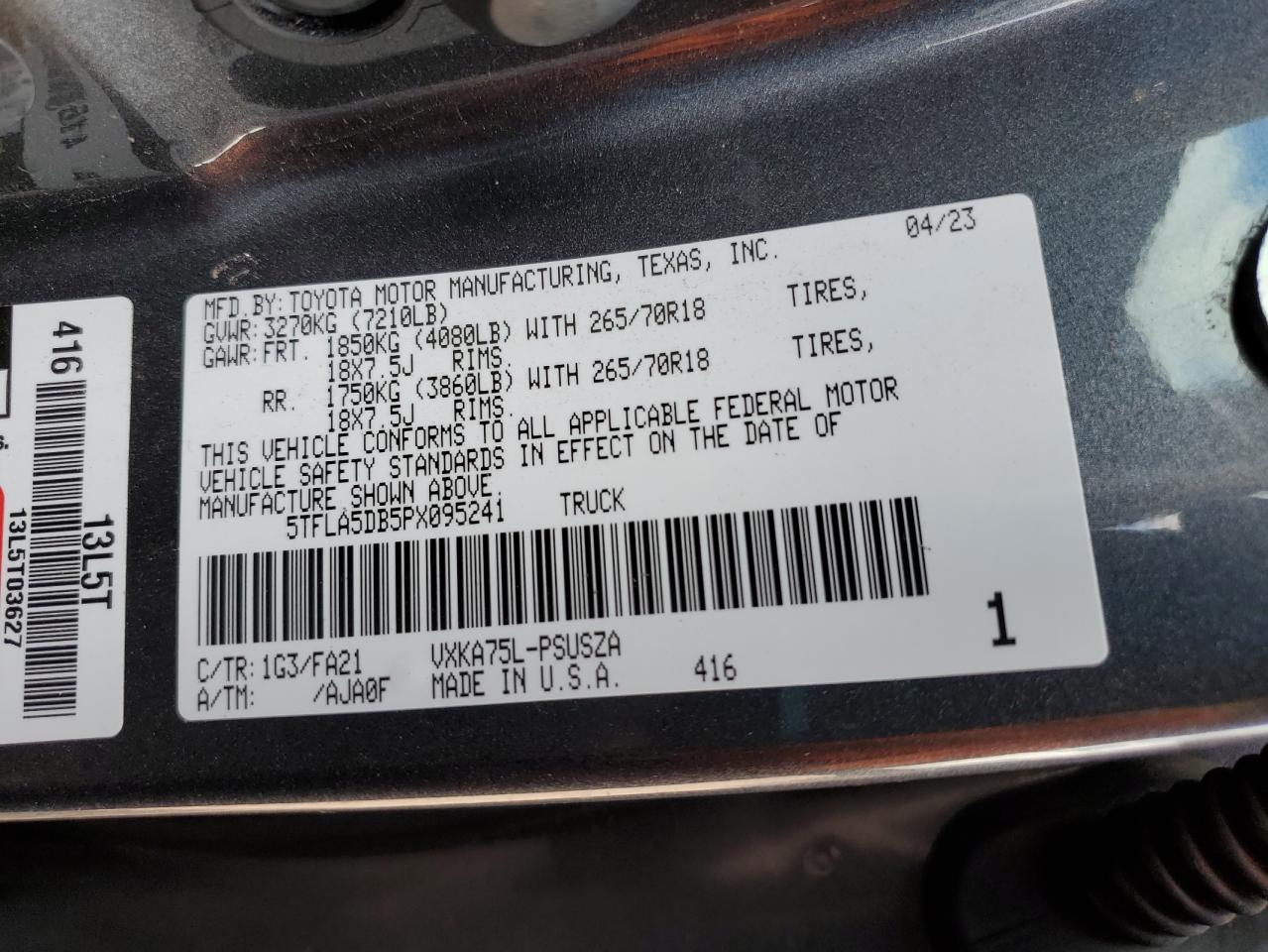 2023 Toyota Tundra VIN 5TFLA5DB5PX095241 Copart auction photo, side / front end damage thumbnail 12