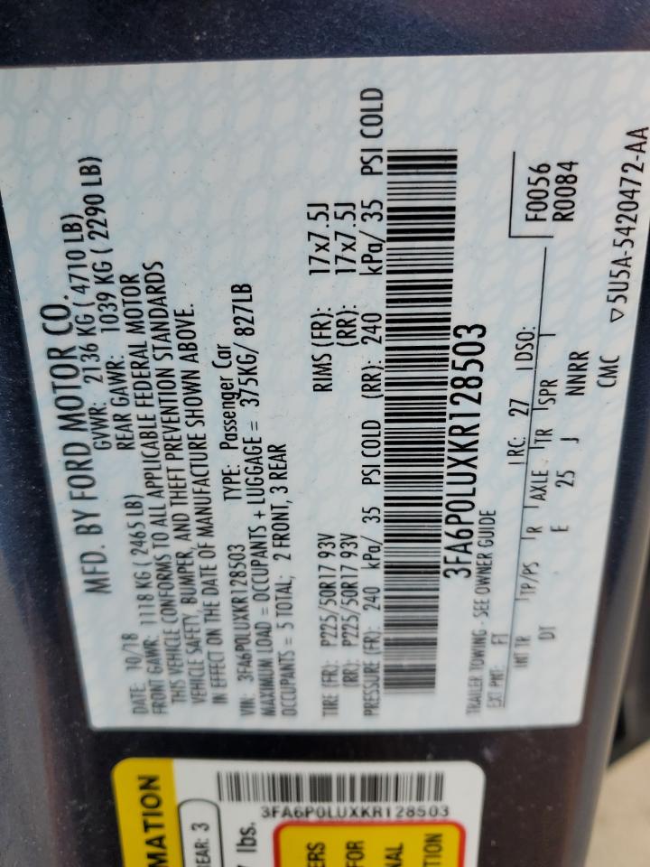 2019 Ford Fusion VIN 3FA6P0LUXKR128503 Copart auction photo, front end / minor dent/scratches damage thumbnail 14