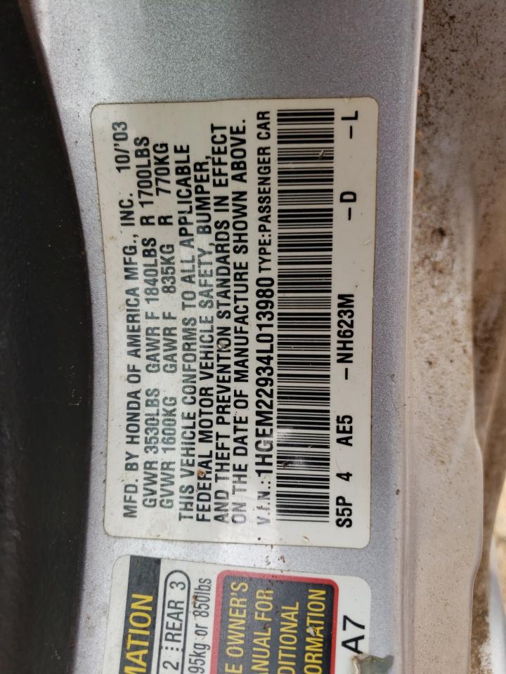 2004 Honda Civic VIN 1HGEM22934L013980 Copart auction photo, front end damage thumbnail 12