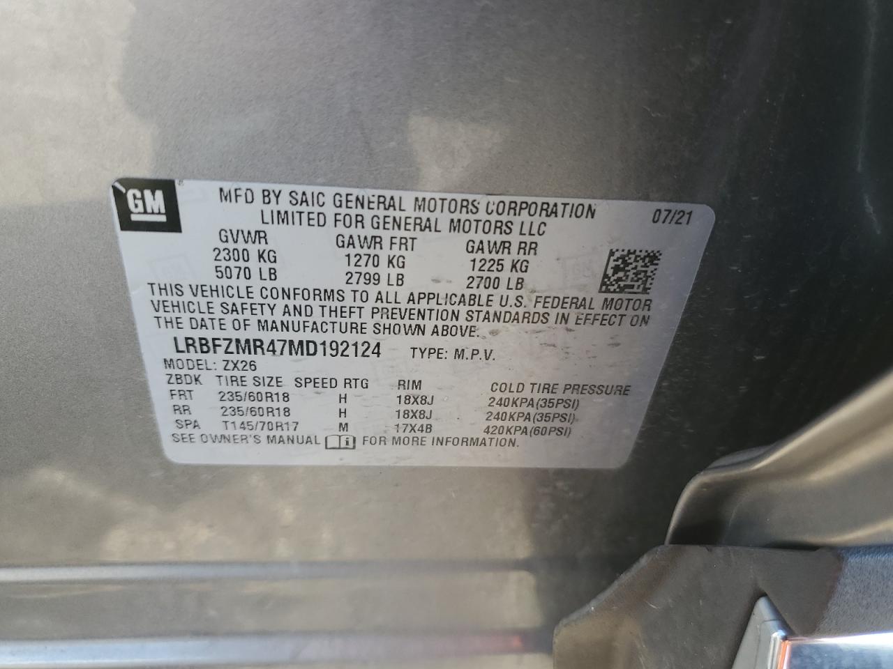 2021 Buick Envision VIN LRBFZMR47MD192124 Copart auction photo, front end damage thumbnail 15