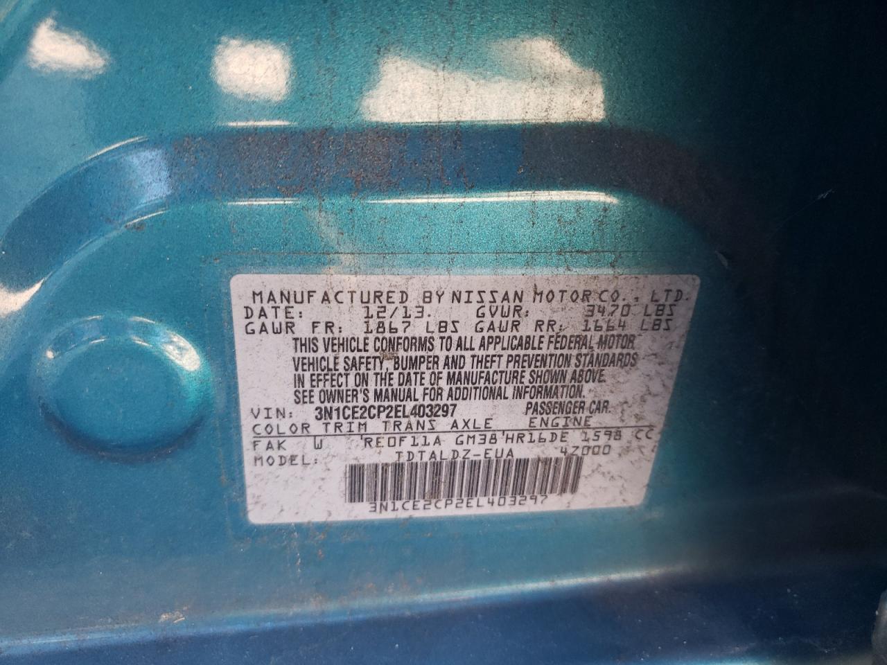 2014 Nissan Versa VIN 3N1CE2CP2EL403297 Copart auction photo, mechanical / minor dent/scratches damage thumbnail 12