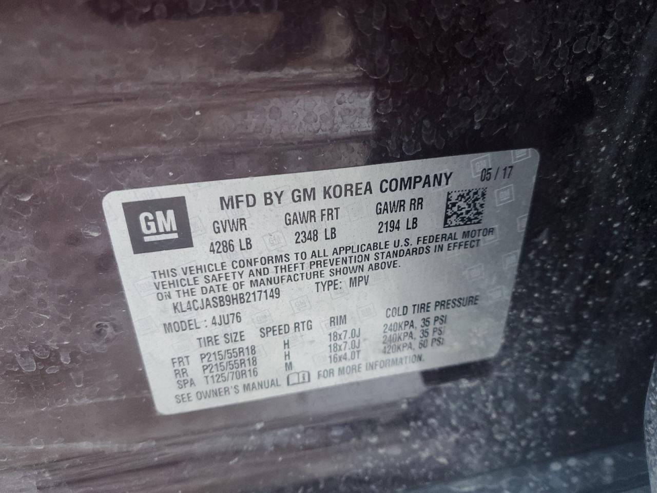 2017 Buick Encore VIN KL4CJASB9HB217149 Copart auction photo, front end damage thumbnail 13