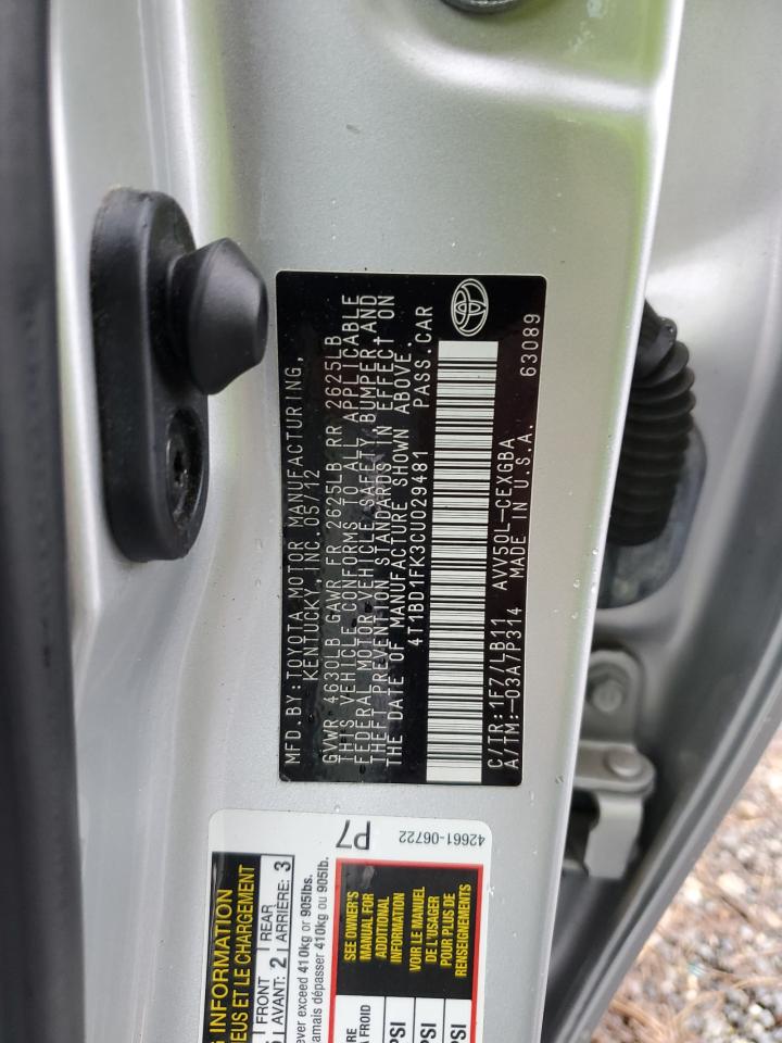2012 Toyota Camry VIN 4T1BD1FK3CU029481 Copart auction photo, side / front end damage thumbnail 13