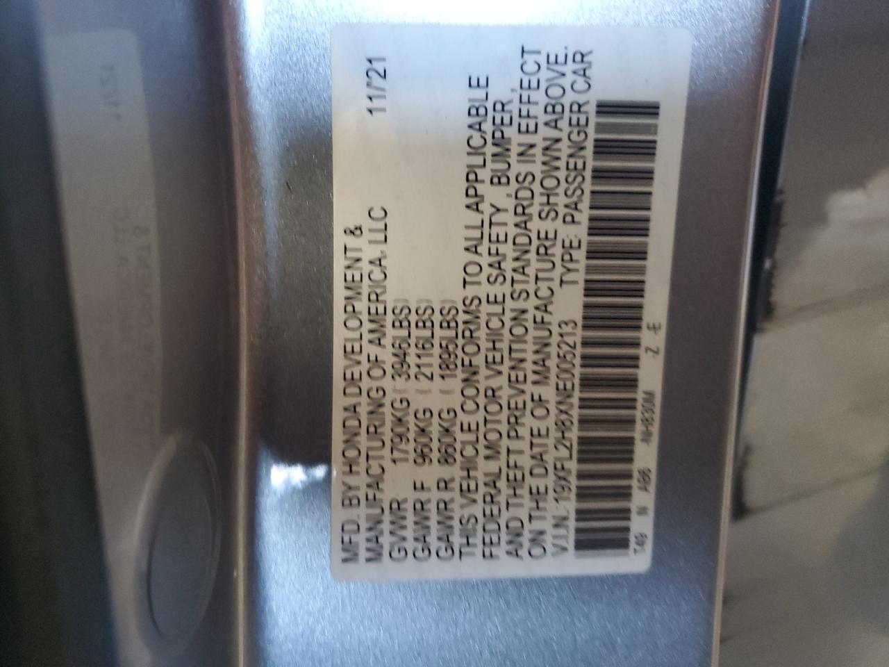 2022 Honda Civic VIN 19XFL2H8XNE005213 Copart auction photo, rear end / front end damage thumbnail 13