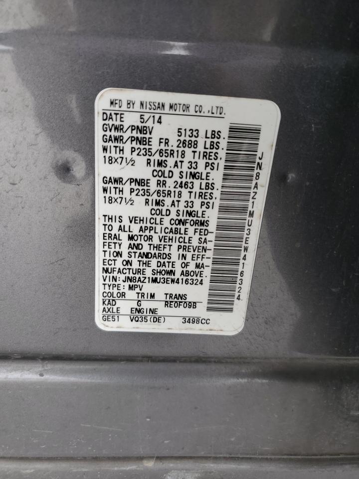 2014 Nissan Murano VIN JN8AZ1MU3EW416324 Copart auction photo, rear end / front end damage thumbnail 13