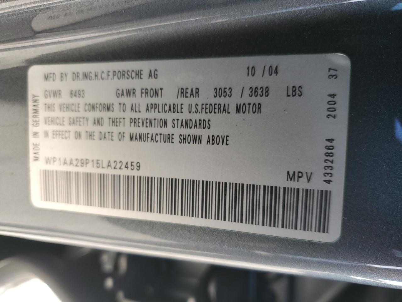 2005 Porsche Cayenne VIN WP1AA29P15LA22459 Copart auction photo, rear end damage thumbnail 14