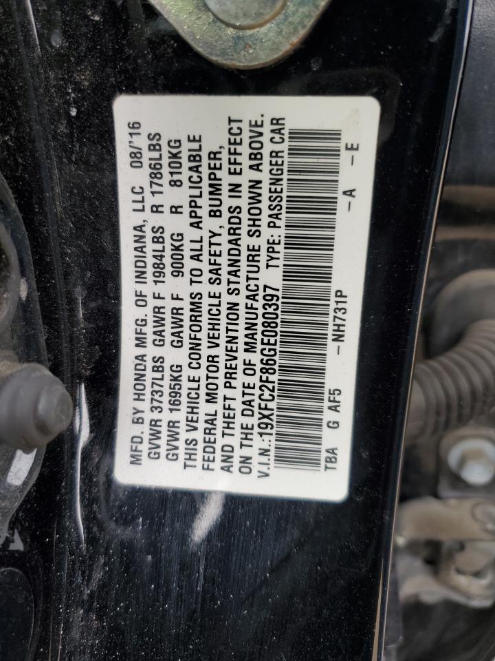 2016 Honda Civic VIN 19XFC2F86GE080397 Copart auction photo, front end / rear end damage thumbnail 14
