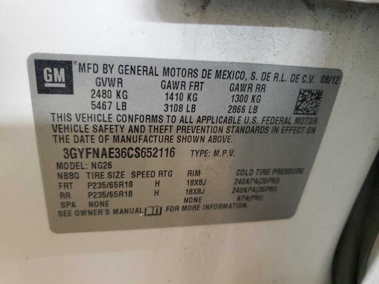 2012 Cadillac SRX VIN 3GYFNAE36CS652116 Copart auction photo, rear end / front end damage thumbnail 13