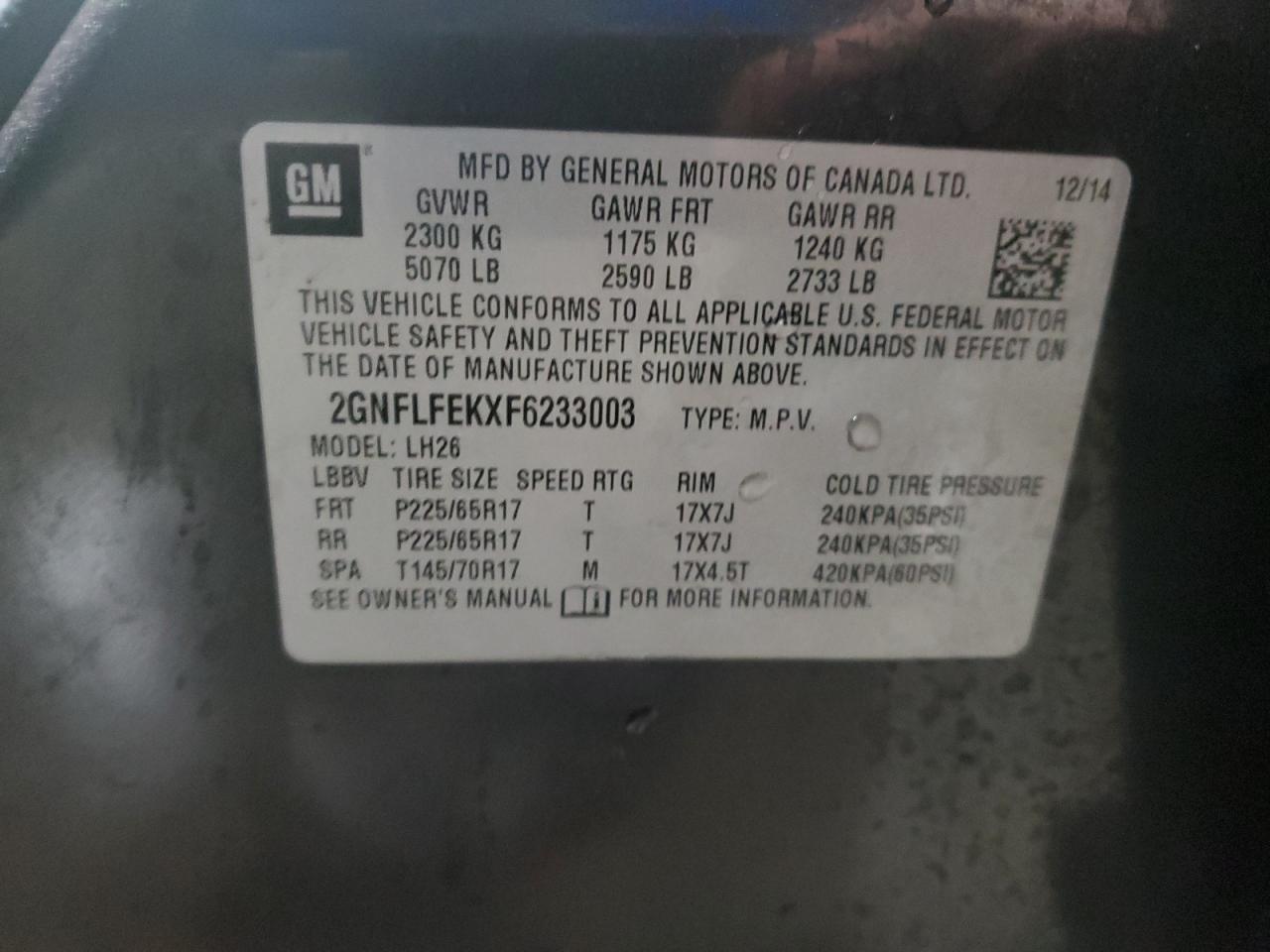 2015 Chevrolet Equinox VIN 2GNFLFEKXF6233003 Copart auction photo, rear end / side damage thumbnail 13