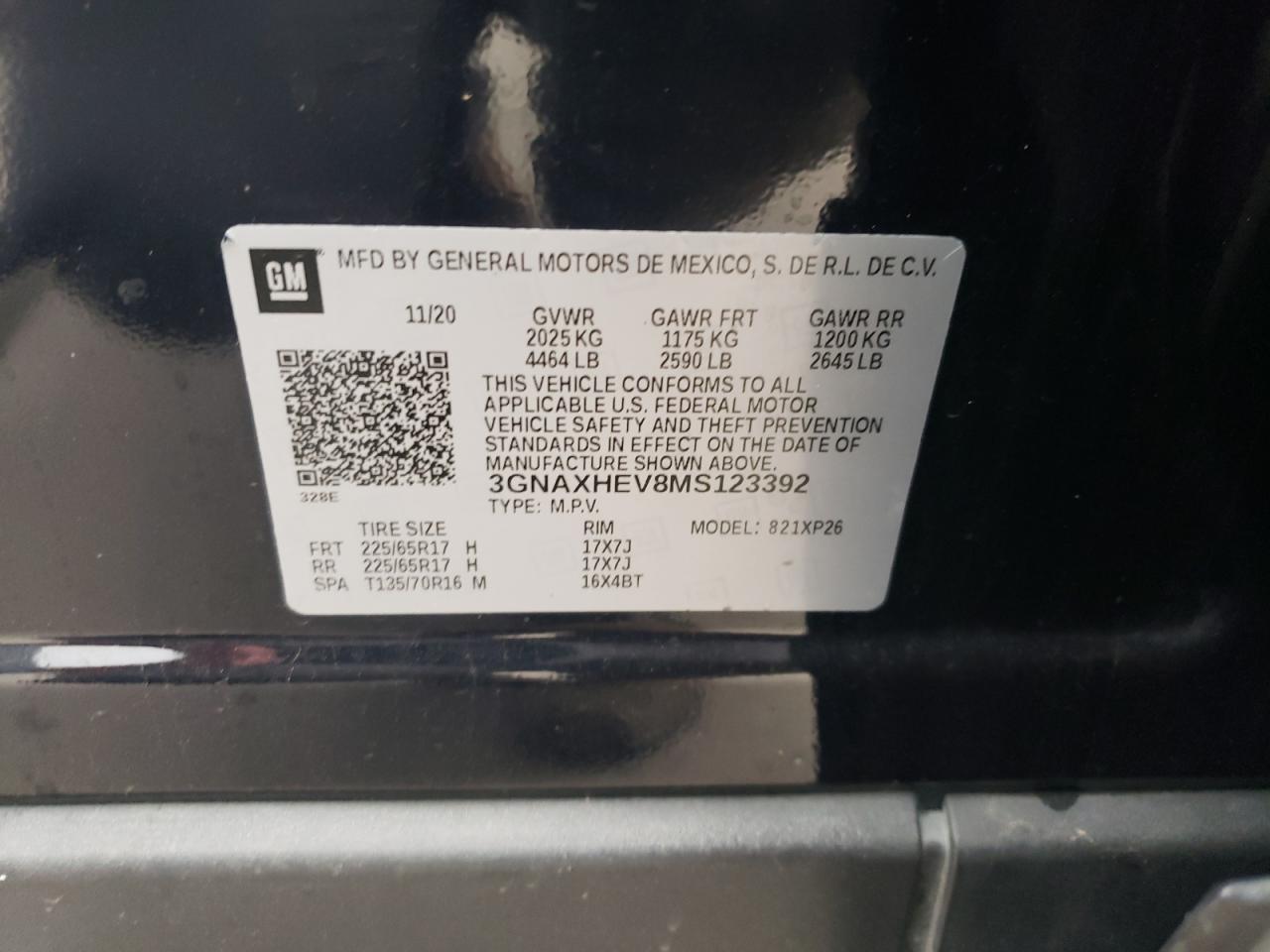 2021 Chevrolet Equinox VIN 3GNAXHEV8MS123392 Copart auction photo, front end damage thumbnail 16