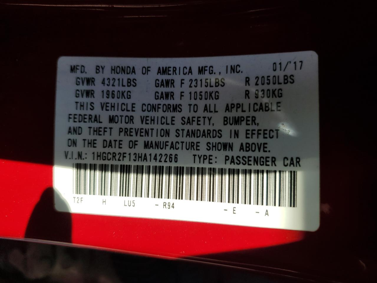 2017 Honda Accord VIN 1HGCR2F13HA142266 Copart auction photo, front end damage thumbnail 12