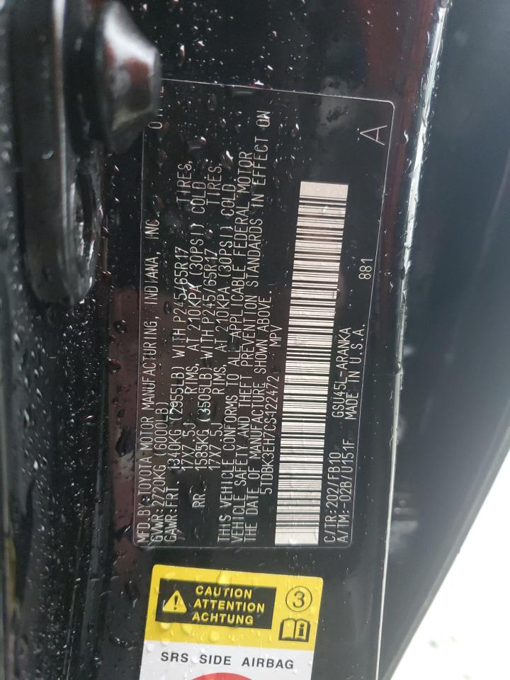 2012 Toyota Highlander VIN 5TDBK3EH7CS122472 Copart auction photo, front end damage thumbnail 14