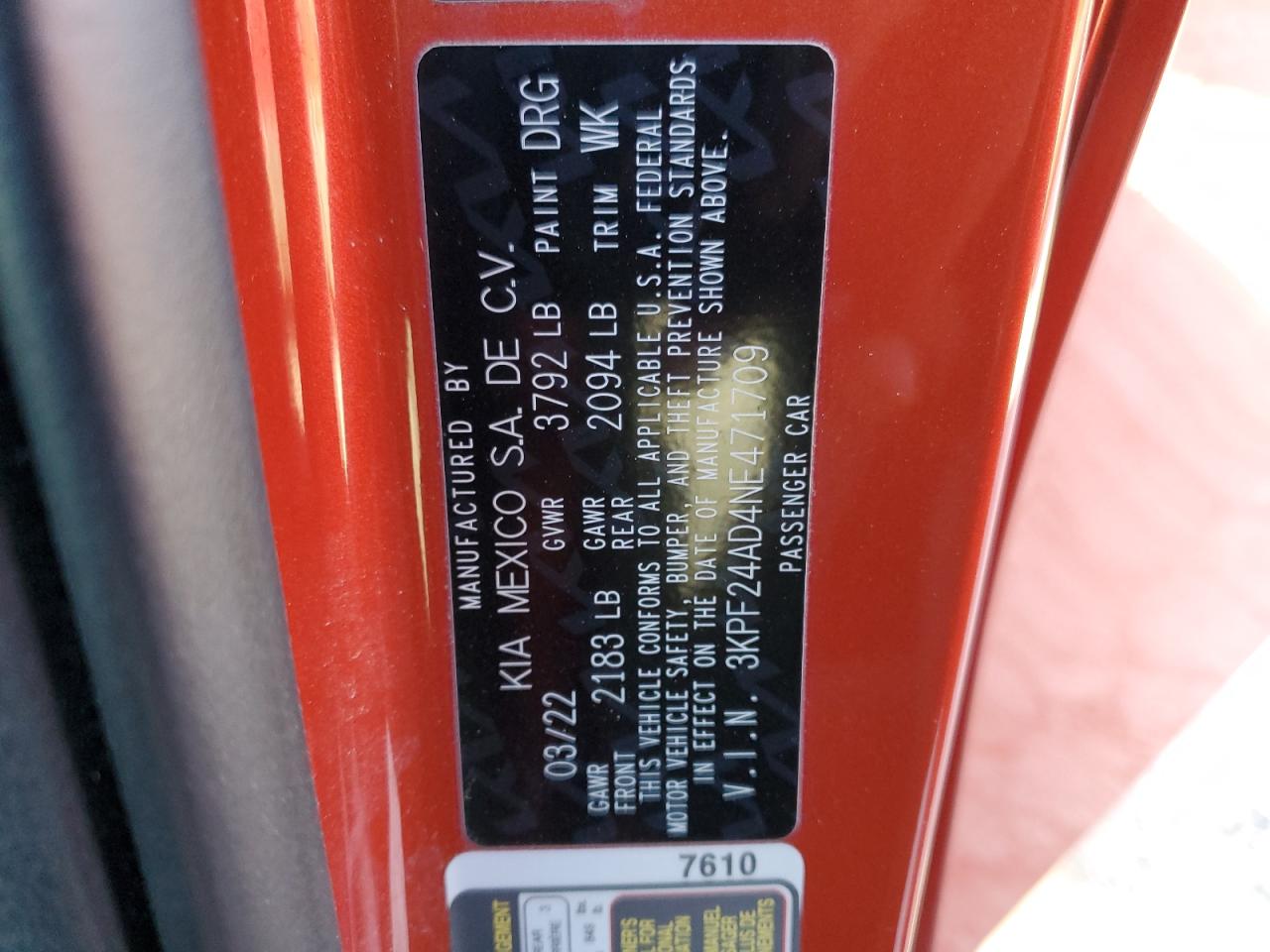2022 KIA Forte VIN 3KPF24AD4NE471709 Copart auction photo, front end / side damage thumbnail 12