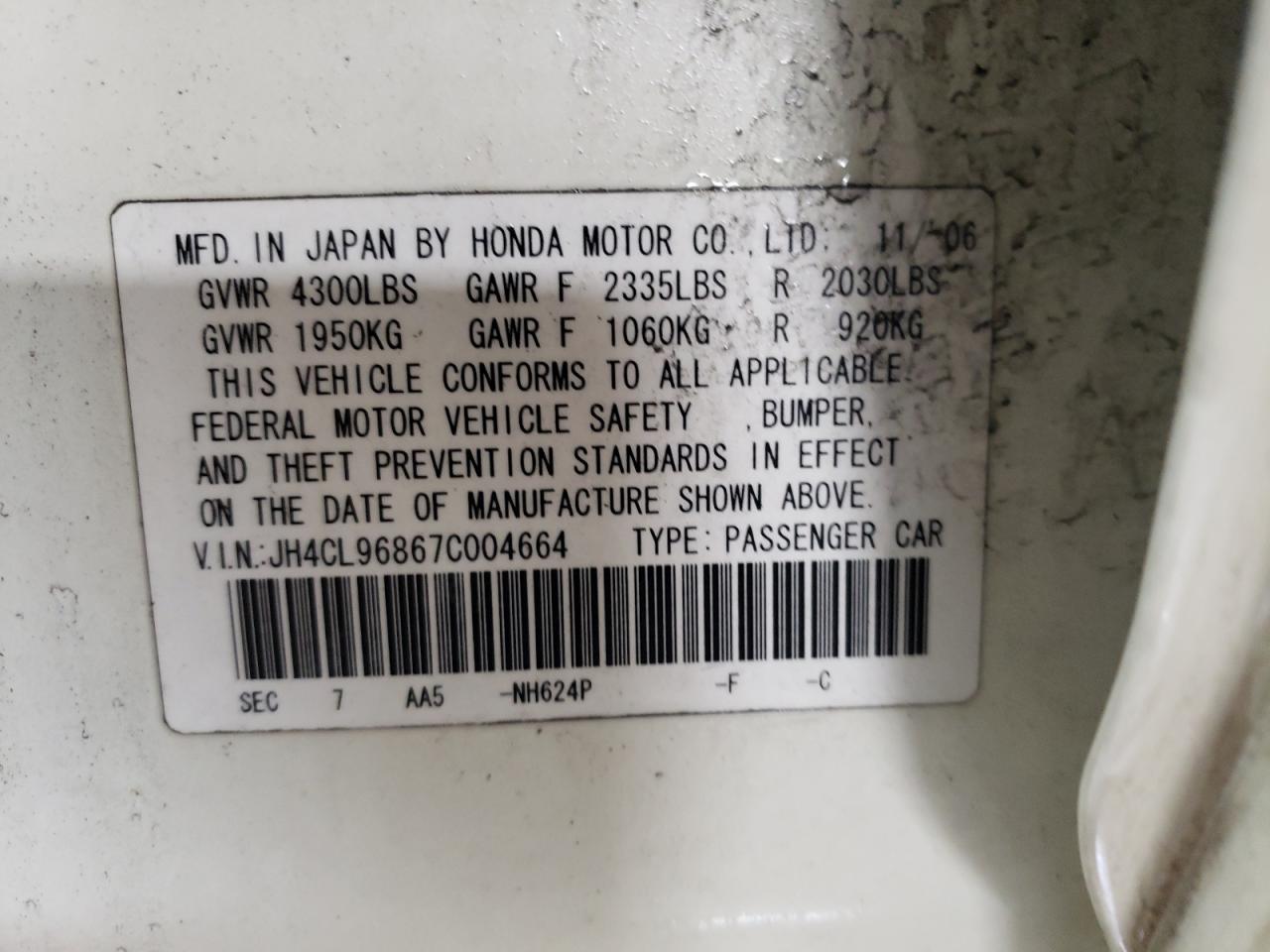 2007 Acura TSX VIN JH4CL96867C004664 Copart auction photo, front end damage thumbnail 12