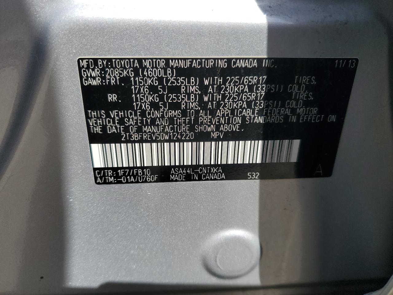 2013 Toyota RAV 4 VIN 2T3BFREV5DW124220 Copart auction photo, rear end damage thumbnail 13