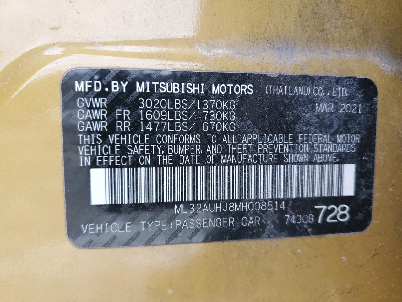 2021 Mitsubishi Mirage VIN ML32AUHJ8MH008514 Copart auction photo, front end damage thumbnail 13