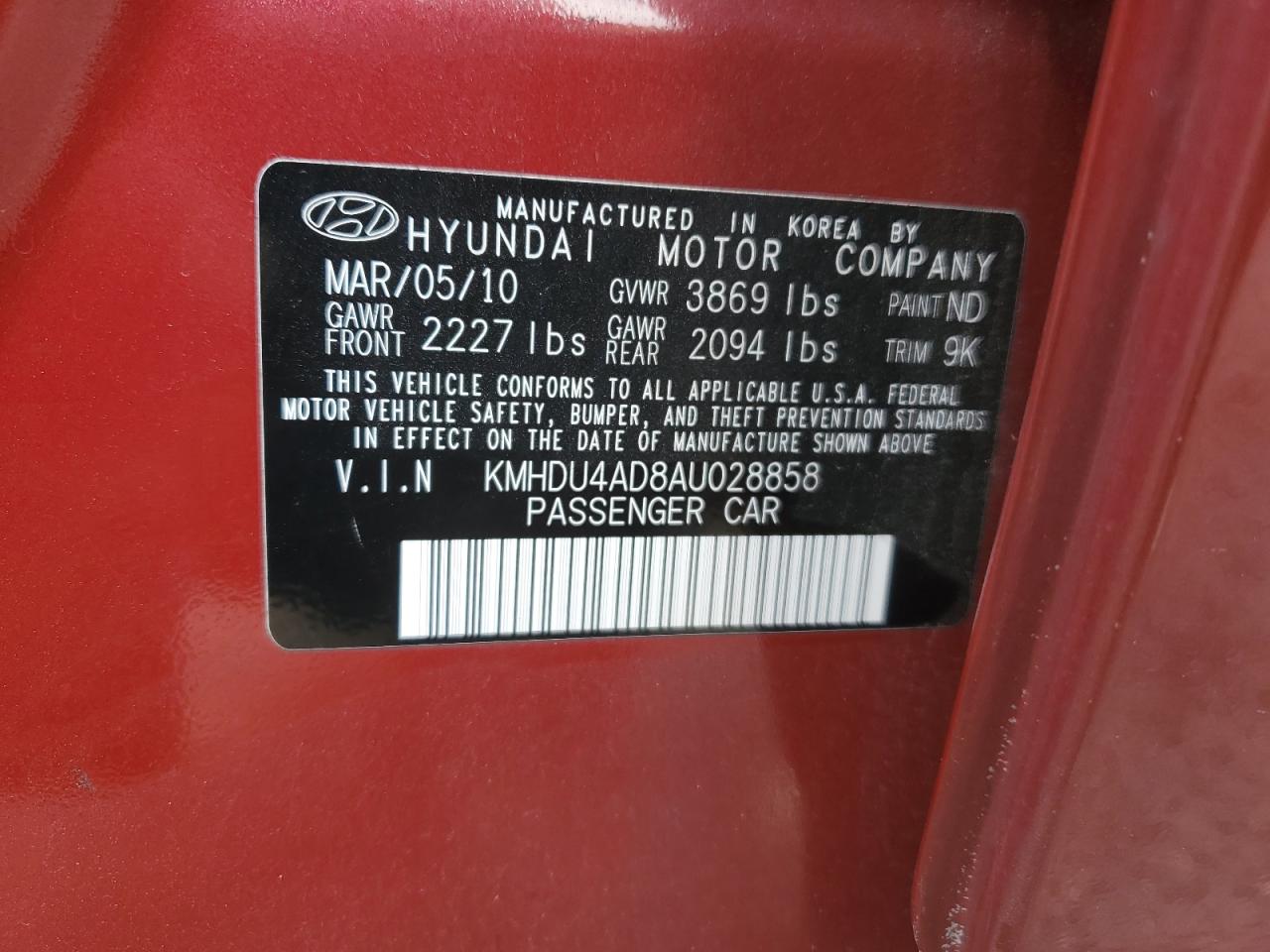 2010 Hyundai Elantra VIN KMHDU4AD8AU028858 Copart auction photo, rear end / front end damage thumbnail 12