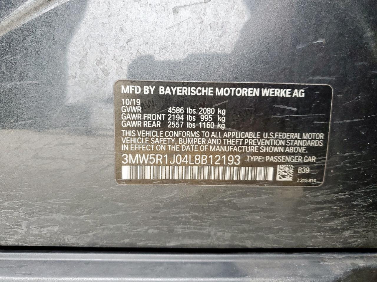 2020 BMW 3er VIN 3MW5R1J04L8B12193 Copart auction photo, front end damage thumbnail 13