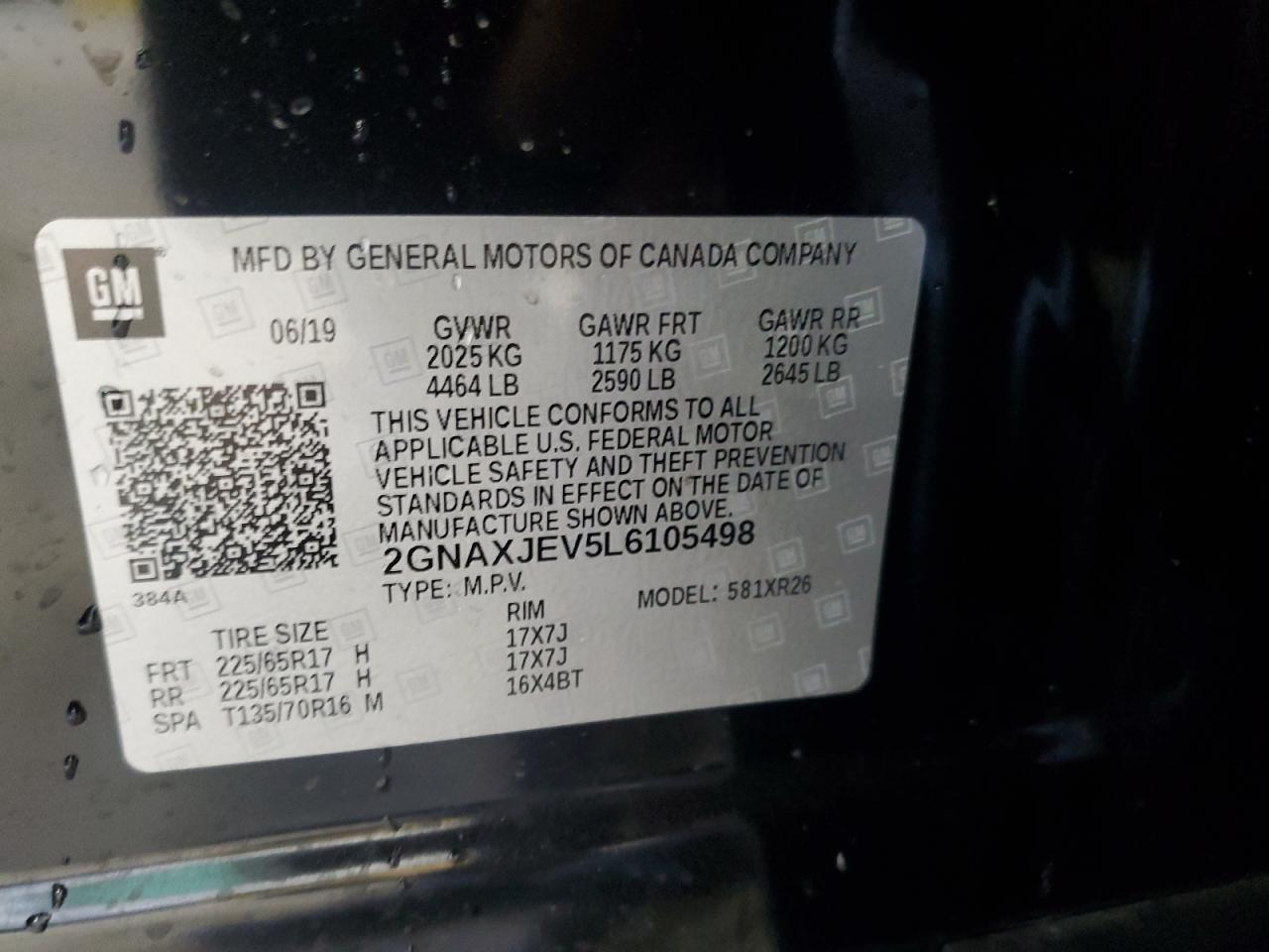 2020 Chevrolet Equinox VIN 2GNAXJEV5L6105498 Copart auction photo, rear end damage thumbnail 15