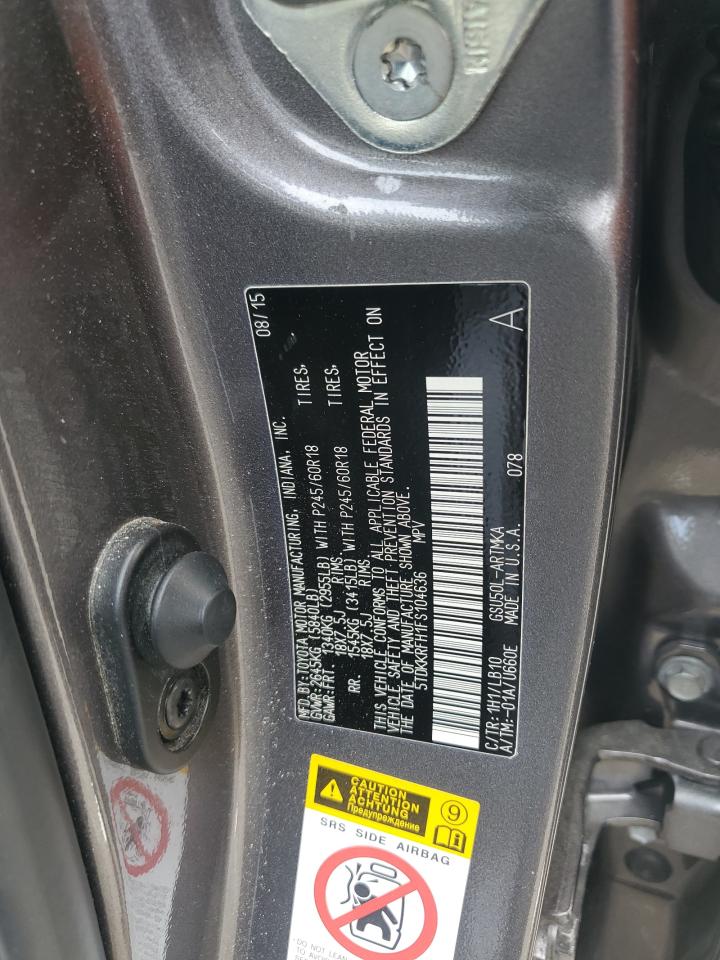 2015 Toyota Highlander VIN 5TDKKRFH1FS104636 Copart auction photo, side damage thumbnail 13