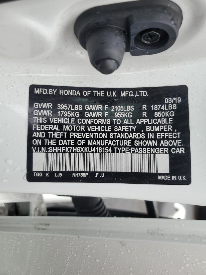 2019 Honda Civic VIN SHHFK7H6XKU418154 Copart auction photo, rollover damage thumbnail 14