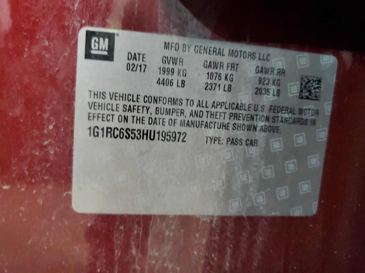 2017 Chevrolet Volt VIN 1G1RC6S53HU195972 Copart auction photo, side / front end damage thumbnail 12