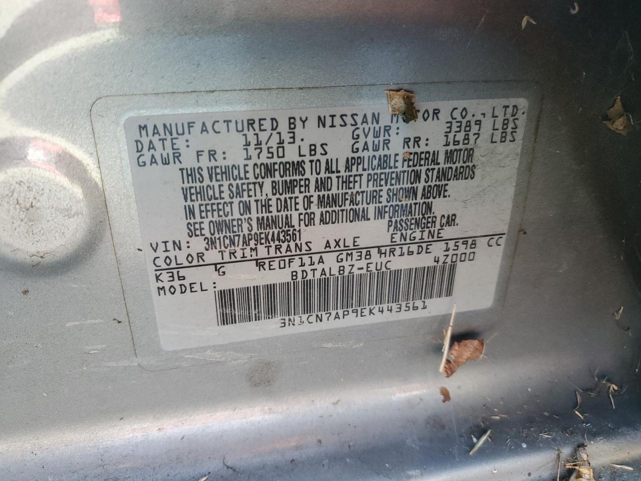 2014 Nissan Versa VIN 3N1CN7AP9EK443561 Copart auction photo, frame damage / rear end damage thumbnail 12