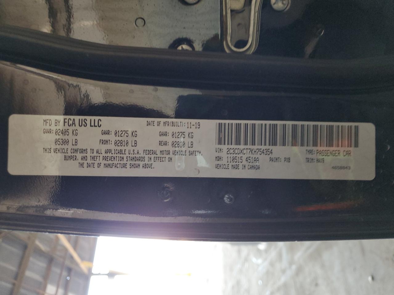 2019 Dodge Charger VIN 2C3CDXCT7KH754354 Copart auction photo, front end / rear end damage thumbnail 14