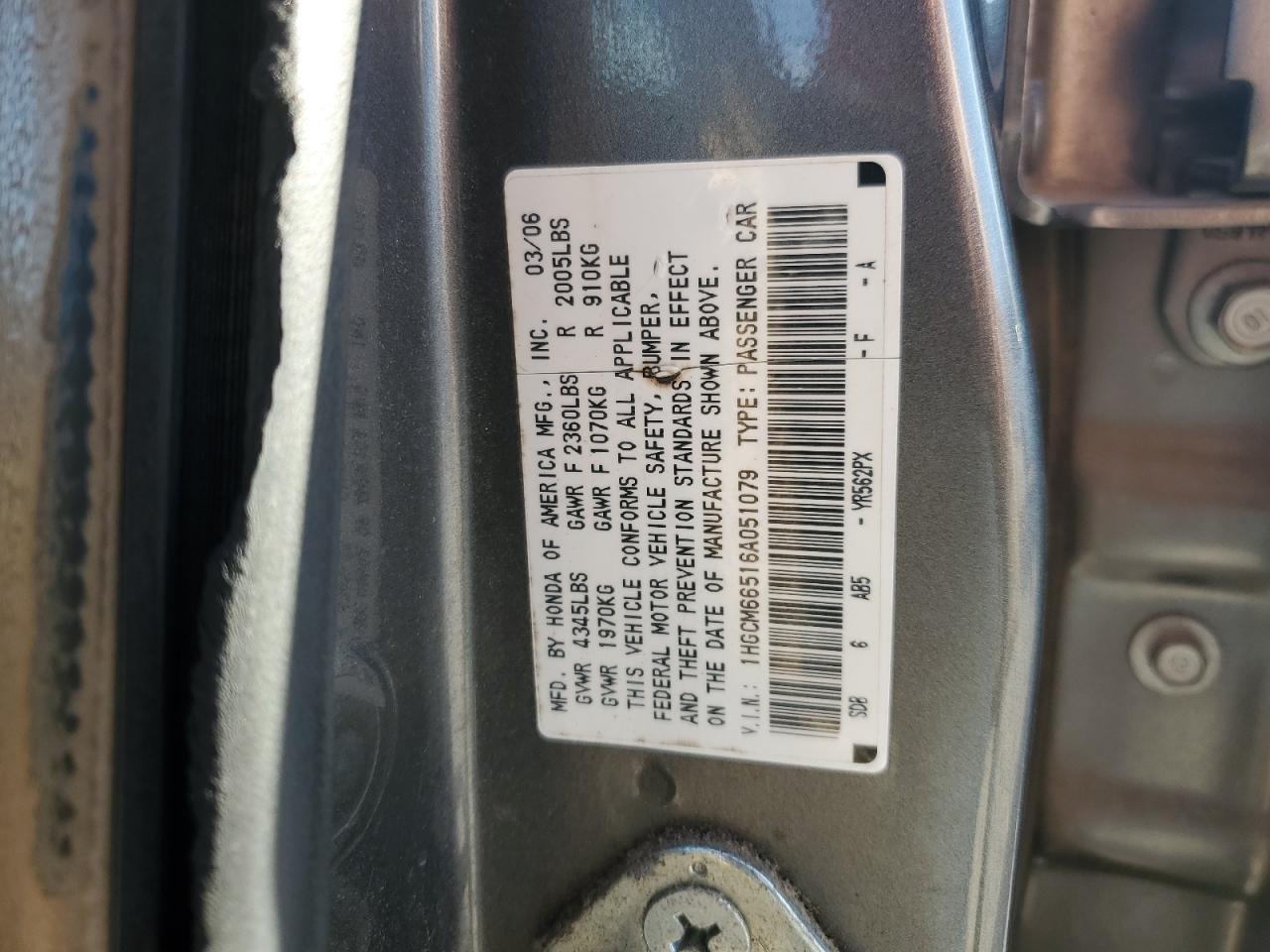2006 Honda Accord VIN 1HGCM66516A051079 Copart auction photo, hail / front end damage thumbnail 14