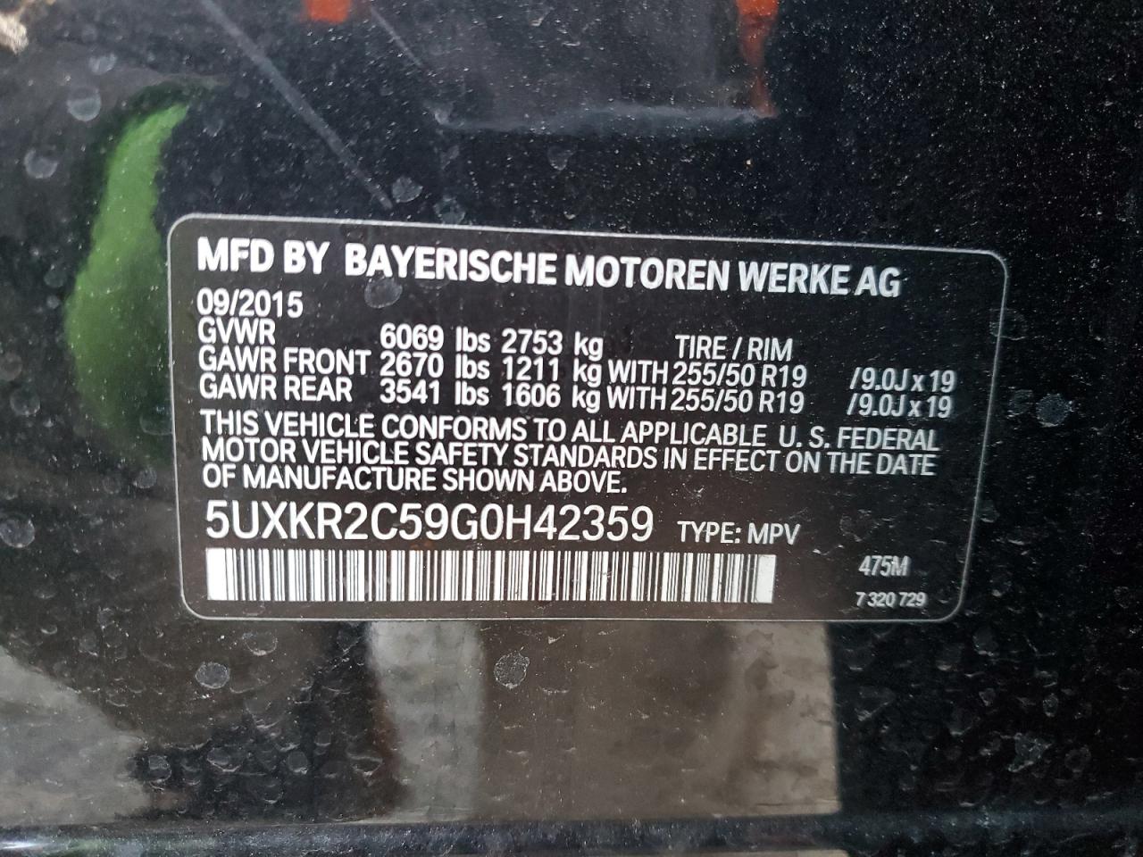 2016 BMW X5 VIN 5UXKR2C59G0H42359 Copart auction photo, front end damage thumbnail 13