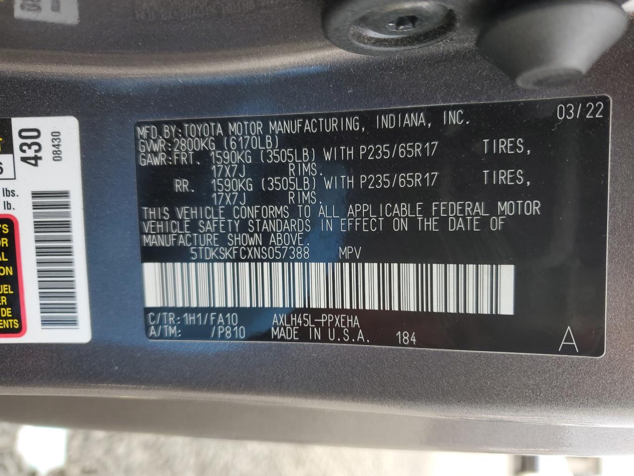 2022 Toyota Sienna VIN 5TDKSKFCXNS057388 Copart auction photo, all over damage thumbnail 13