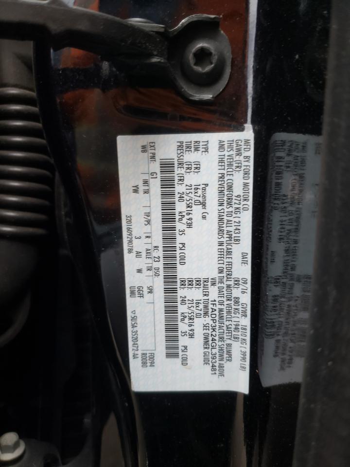 2016 Ford Focus VIN 1FADP3K24GL393481 Copart auction photo, front end / top/roof damage thumbnail 12