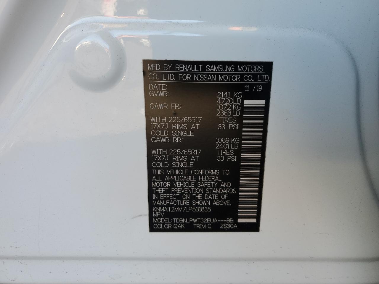 2020 Nissan Rogue VIN KNMAT2MV7LP531835 Copart auction photo, front end / rear end damage thumbnail 15