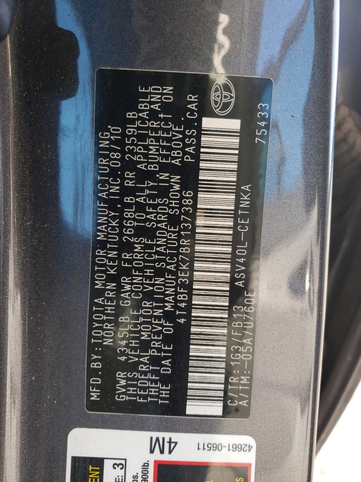 2011 Toyota Camry VIN 4T4BF3EK7BR137386 Copart auction photo, normal wear damage thumbnail 12