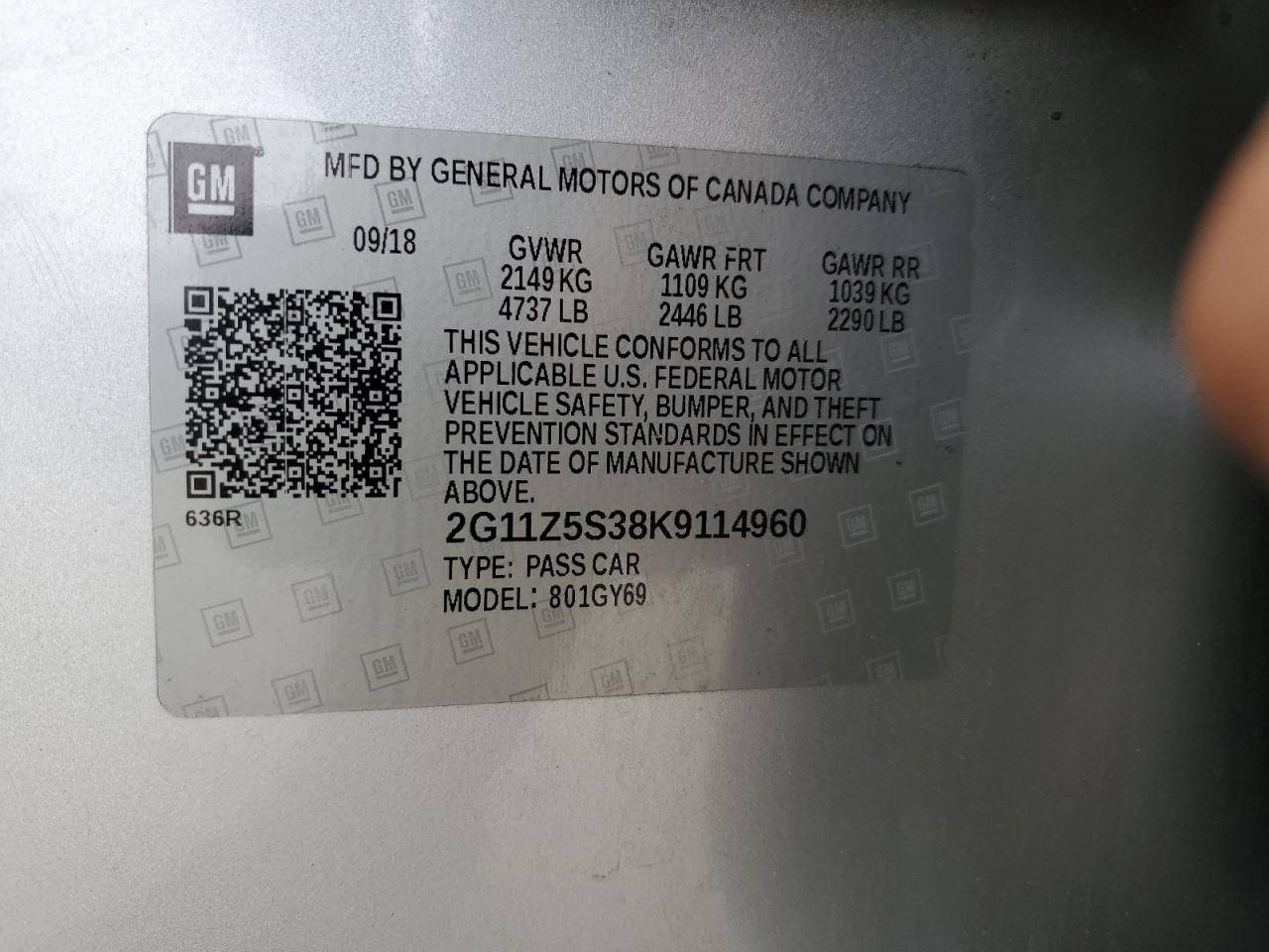 2019 Chevrolet Impala VIN 2G11Z5S38K9114960 Copart auction photo, front end damage thumbnail 12