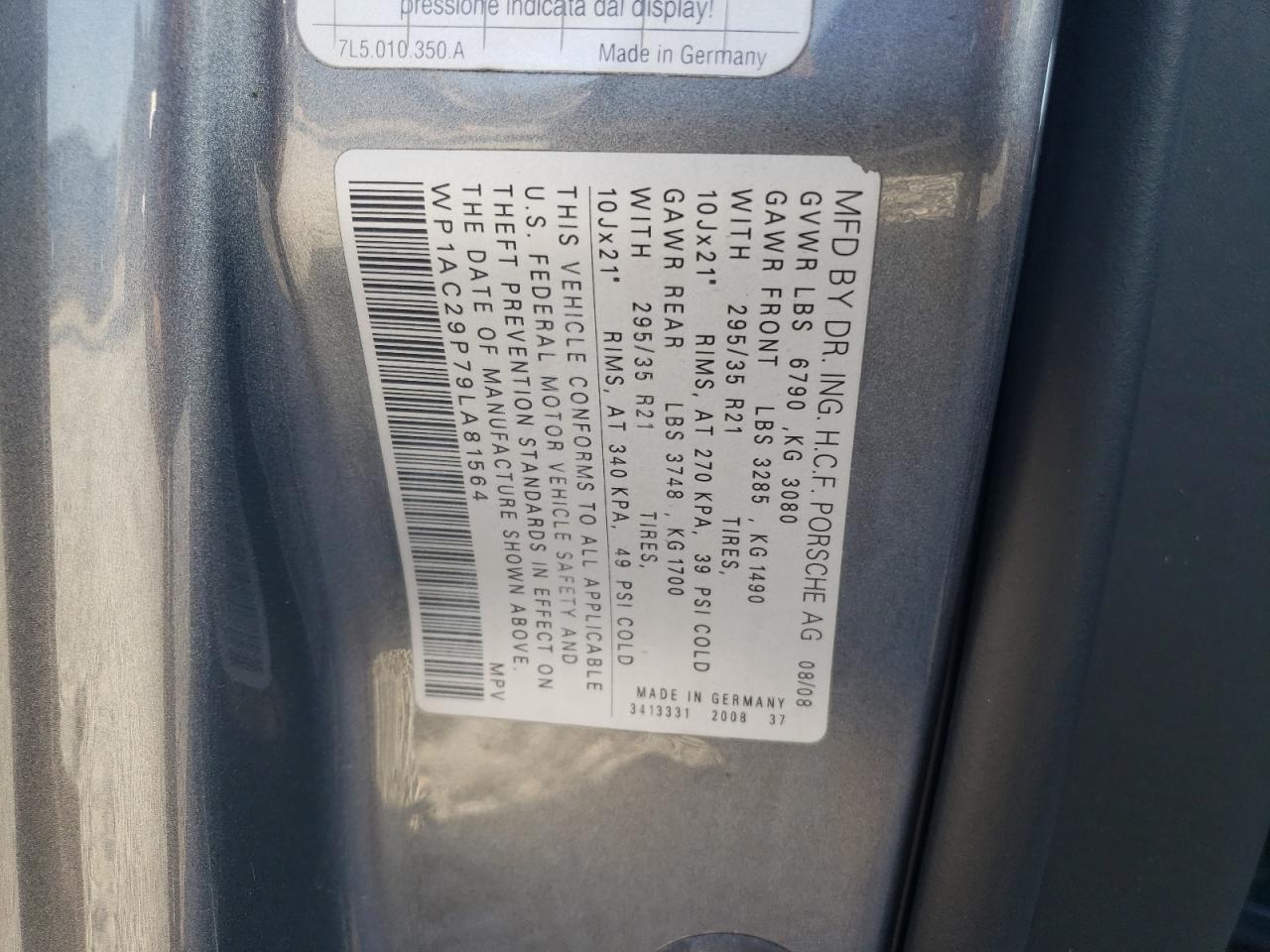 2009 Porsche Cayenne VIN WP1AC29P79LA81564 Copart auction photo, rear end / minor dent/scratches damage thumbnail 13