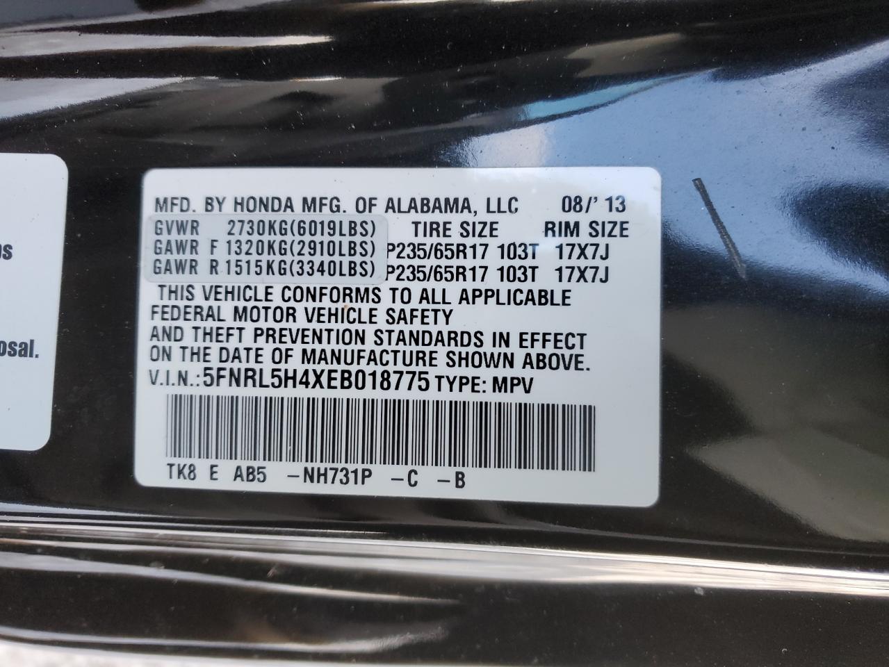 2014 Honda Odyssey VIN 5FNRL5H4XEB018775 Copart auction photo, side / rear end damage thumbnail 15