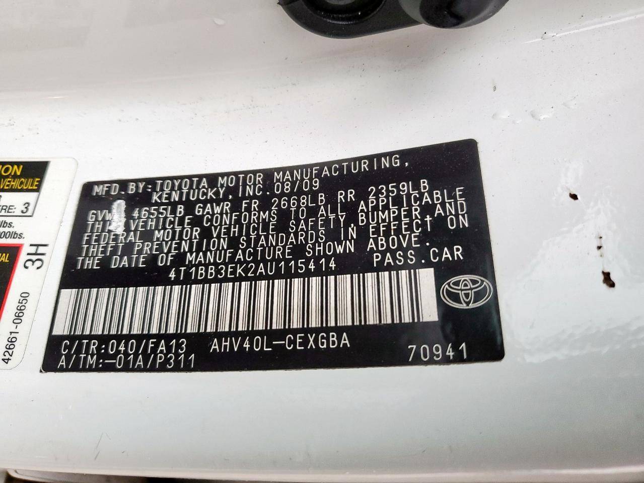 2010 Toyota Camry VIN 4T1BB3EK2AU115414 Copart auction photo, front end damage thumbnail 12