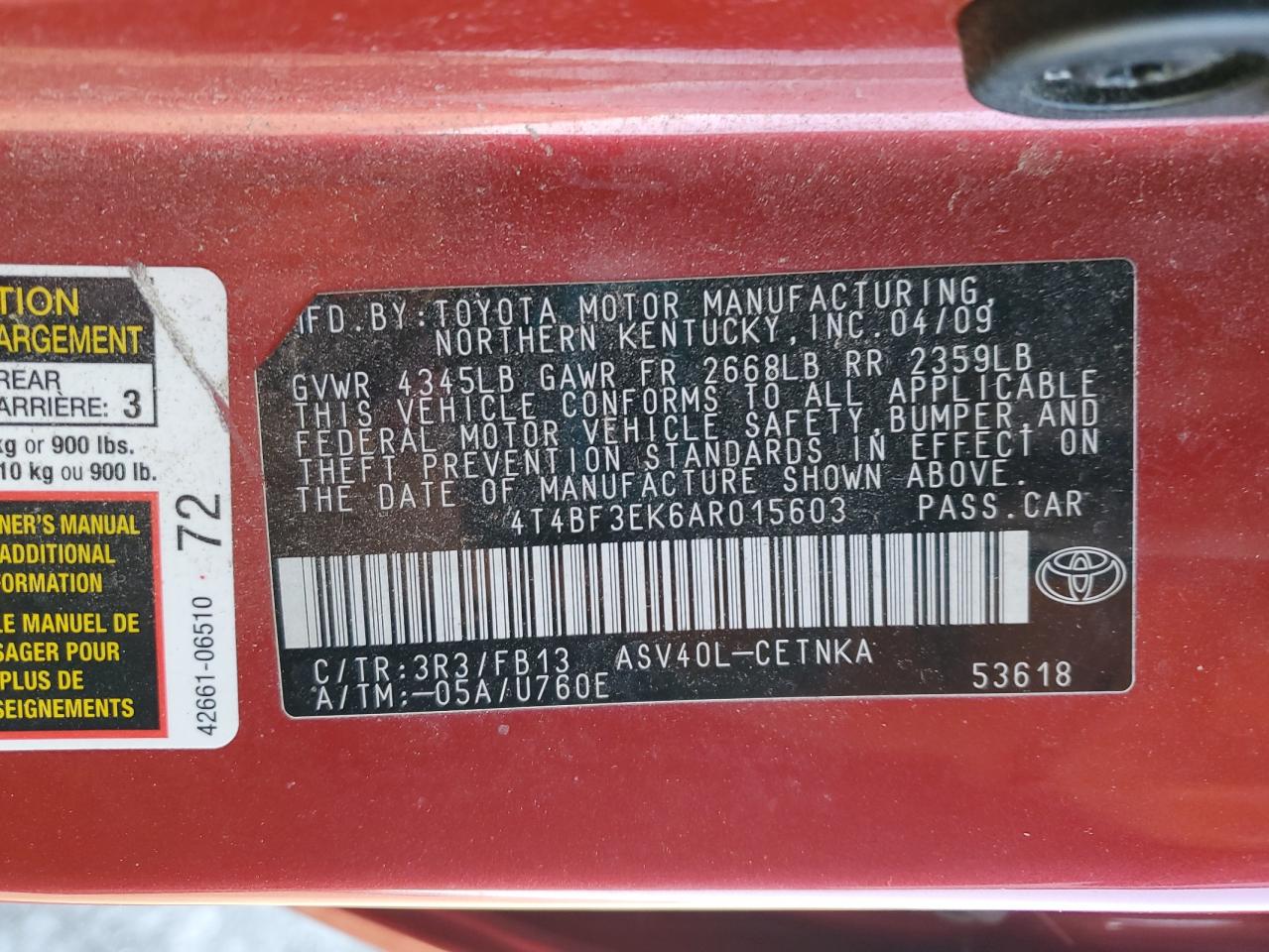 2010 Toyota Camry VIN 4T4BF3EK6AR015603 Copart auction photo, rear end damage thumbnail 12