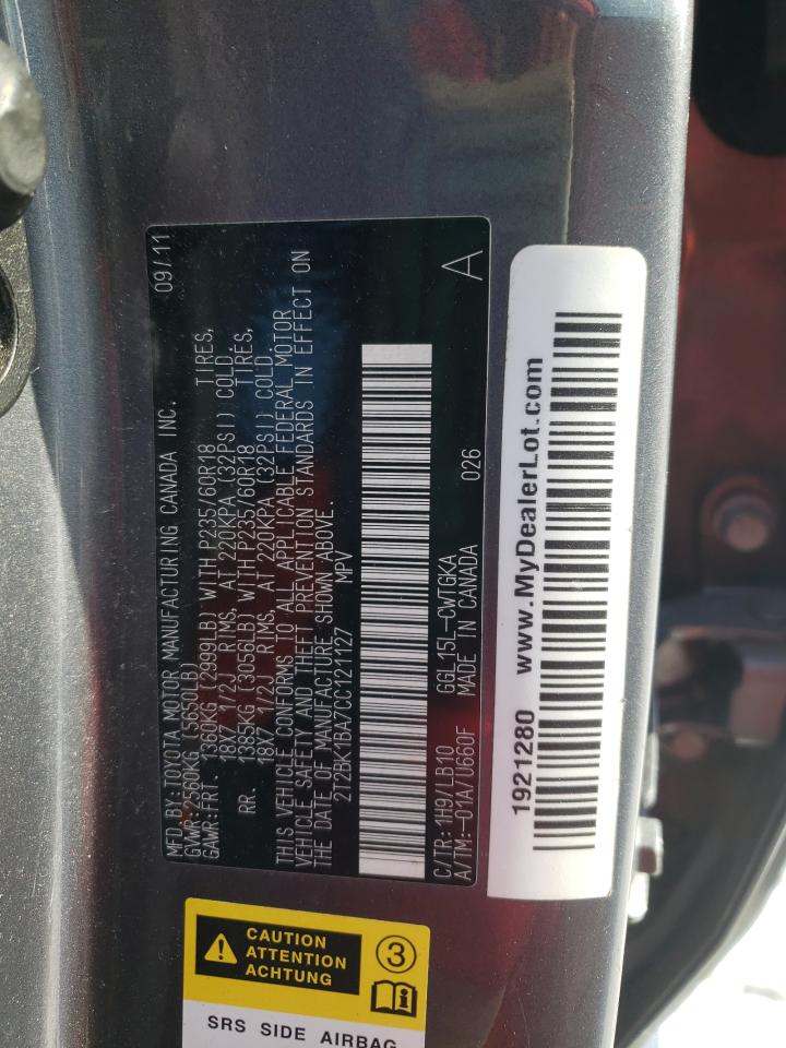 2012 Lexus RX VIN 2T2BK1BA7CC121127 Copart auction photo, side / front end damage thumbnail 13
