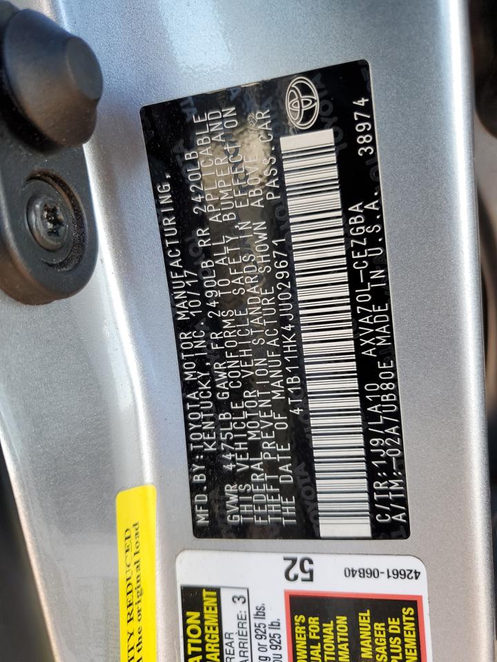 2018 Toyota Camry VIN 4T1B11HK4JU029671 Copart auction photo, rear end damage thumbnail 12