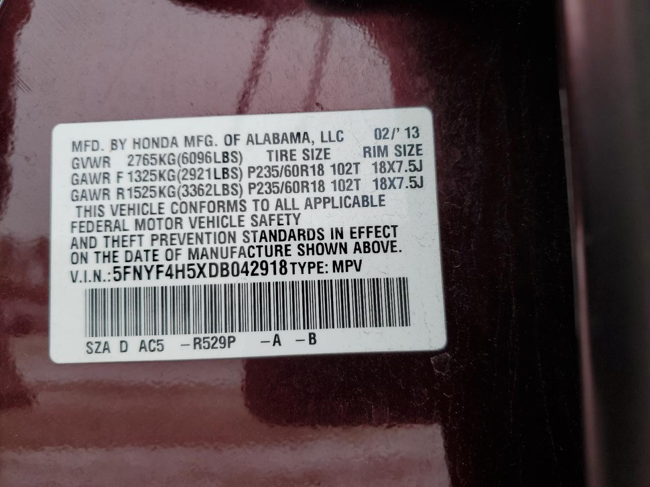 2013 Honda Pilot VIN 5FNYF4H5XDB042918 Copart auction photo, front end / minor dent/scratches damage thumbnail 13