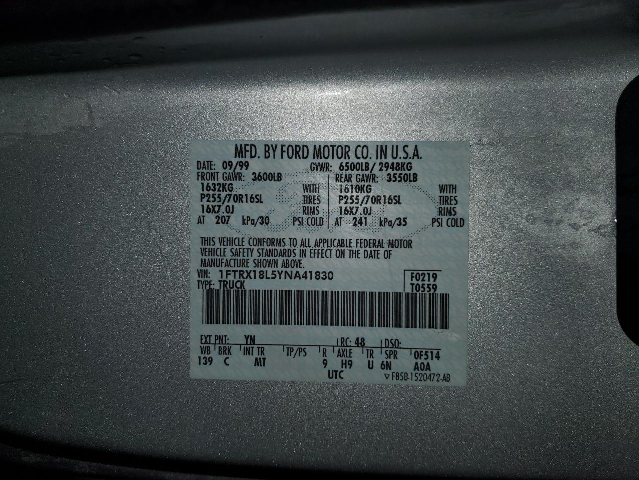 2000 Ford F-150 VIN 1FTRX18L5YNA41830 Copart auction photo, rear end damage thumbnail 12