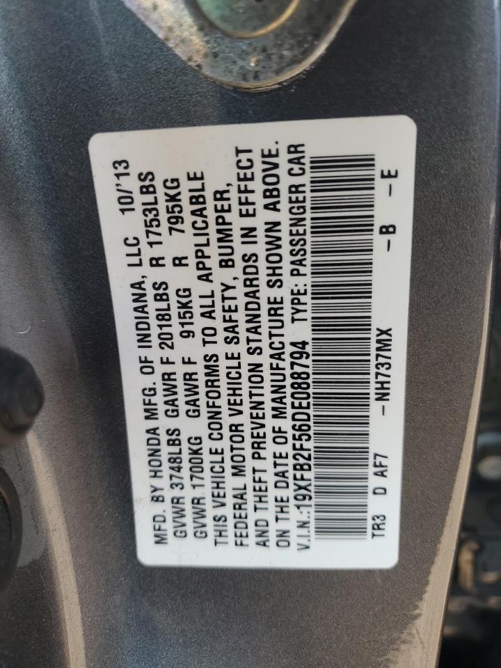 2013 Honda Civic VIN 19XFB2F56DE088794 Copart auction photo, front end / side damage thumbnail 13