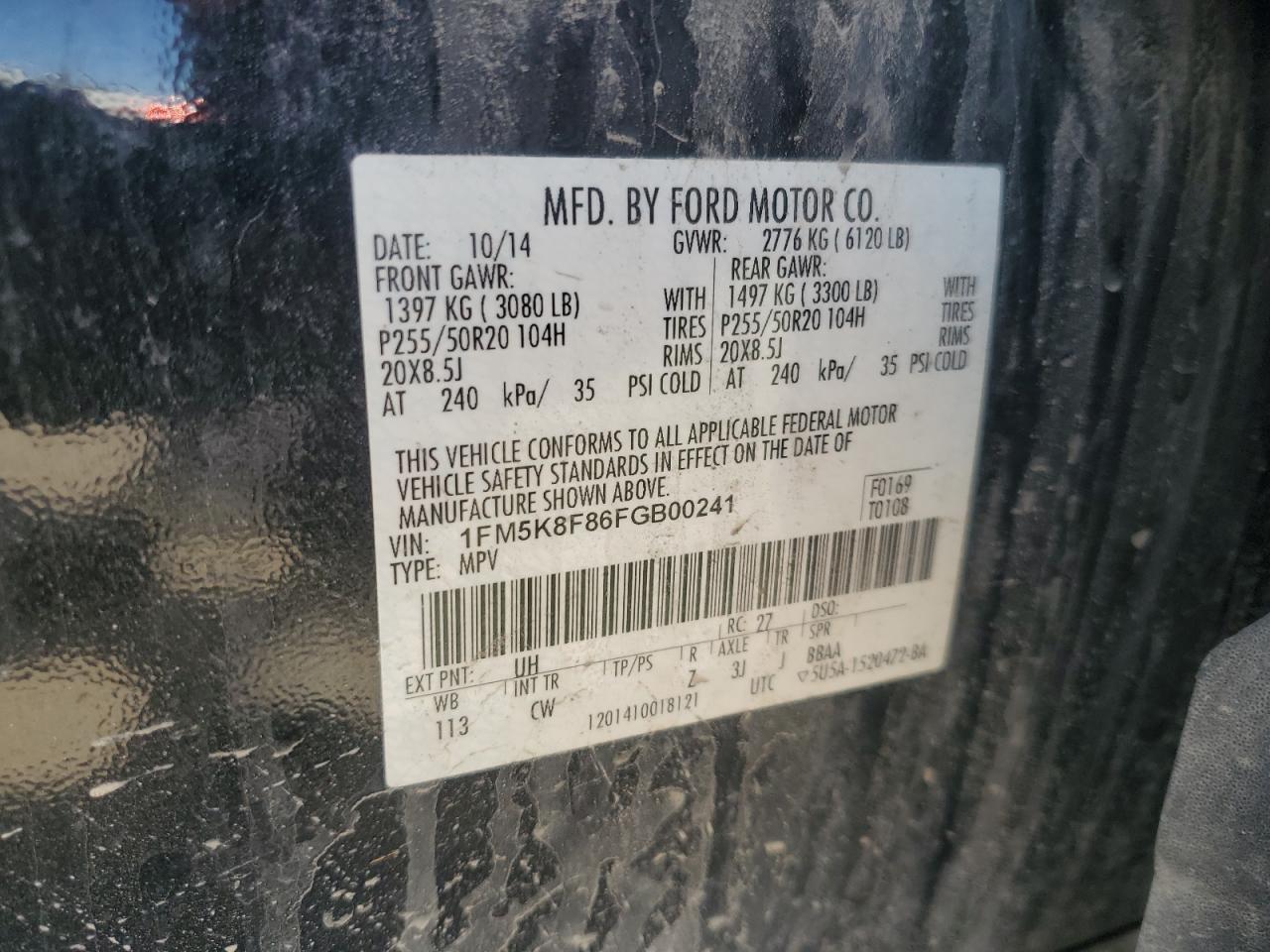 2015 Ford Explorer VIN 1FM5K8F86FGB00241 Copart auction photo, front end / side damage thumbnail 15