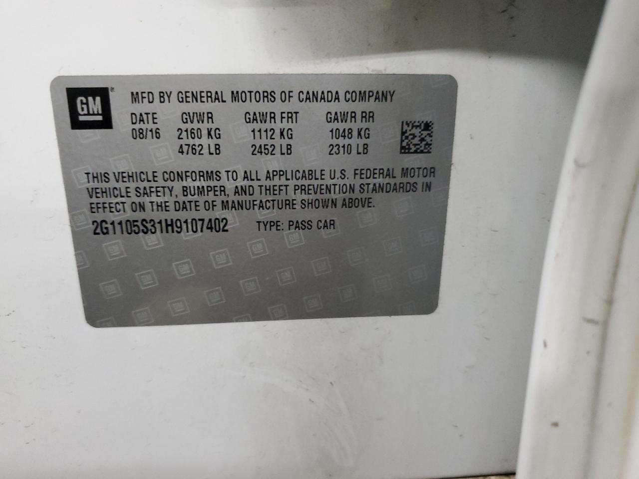 2017 Chevrolet Impala VIN 2G1105S31H9107402 Copart auction photo, front end damage thumbnail 15