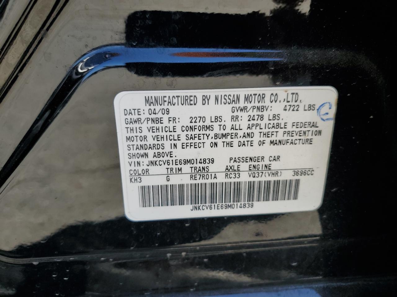 2009 Infiniti G VIN JNKCV61E69M014839 Copart auction photo, vandalism damage thumbnail 12