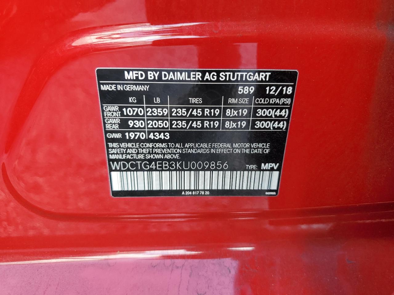 2019 Mercedes-Benz GLA-klasse VIN WDCTG4EB3KU009856 Copart auction photo, front end / rear end damage thumbnail 14